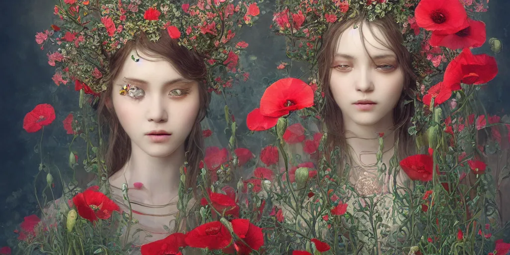 Image similar to breathtaking detailed concept art painting of the goddess of poppy flowers, orthodox saint, with anxious, piercing eyes, ornate background, amalgamation of leaves and flowers, by hsiao - ron cheng, extremely moody lighting, 8 k