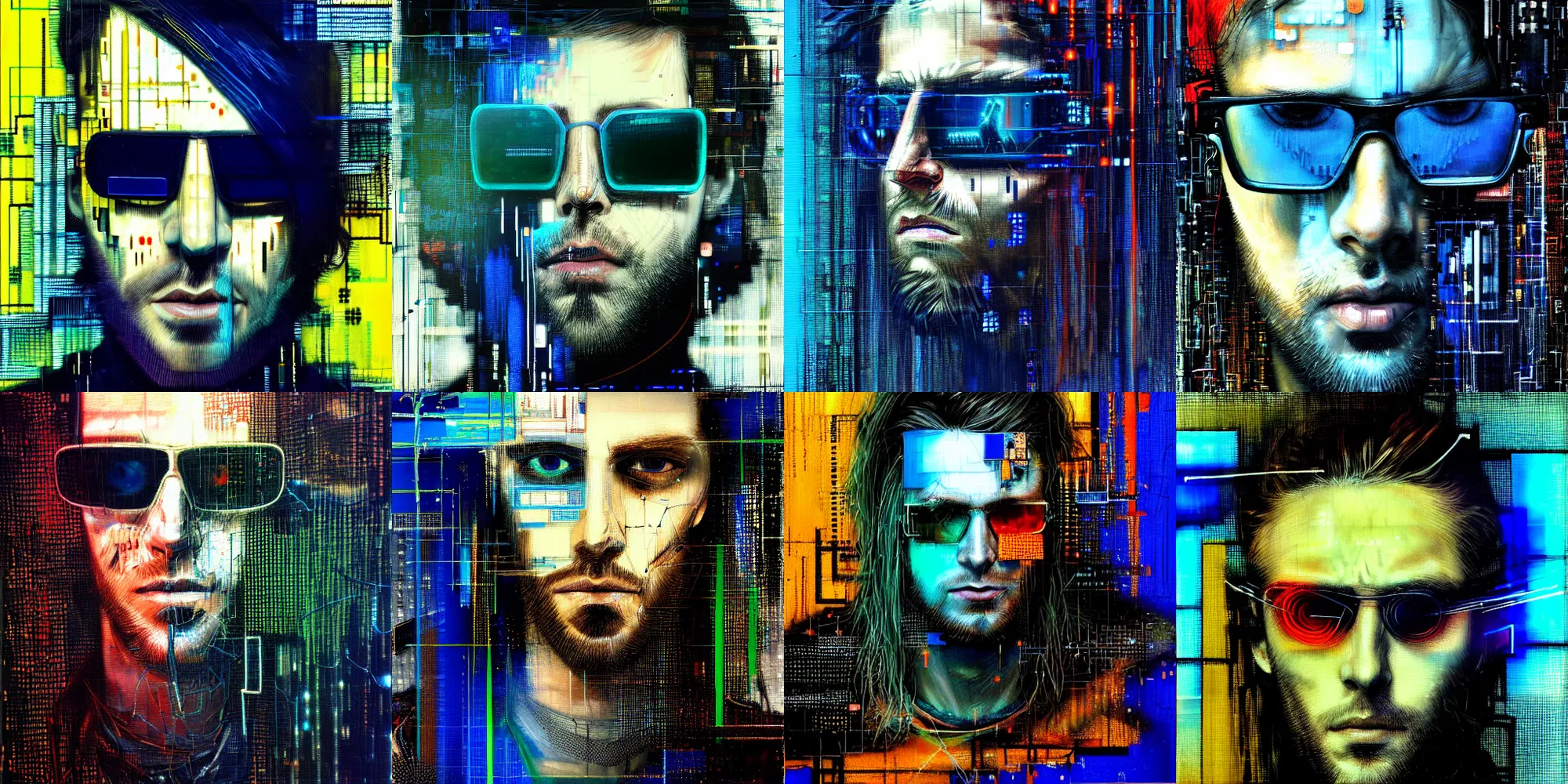 Prompt: hyperrealistic portrait of a cyberpunk man, long hair, by Guy Denning, Johannes Itten, Russ Mills, glitch art, glitch eyes, hacking effects, glitch effects, digital tech effects, cyberpunk sunglasses, cybernetics, detailed lines, chromatic, color blocking!, oil on canvas, blue background, highly detailed, close up, front view, symmetrical, octane, concept art, abstract, blue and black, 8k, cinematic, trending on artstation