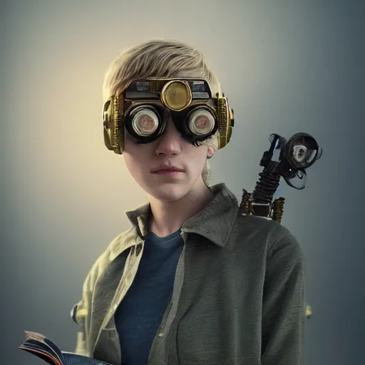 Prompt: rough and moody, colorful, highly detailed painting, science fiction, isolated awkward brilliant female blond teenage tomboy girl with short hair, wearing brass victorian goggles, reading engineering book, octane render, artstation, michael whelan, ron cobb, digital illustration