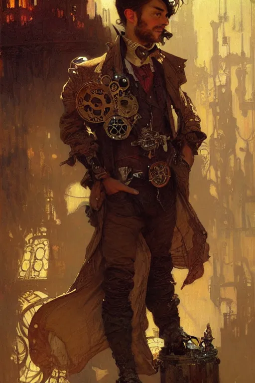 Image similar to attractive man, steampunk style, painting by gaston bussiere, craig mullins, greg rutkowski, alphonse mucha