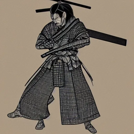 Image similar to Miyamoto Musashi, detailed katana, high detail samurai, noir,