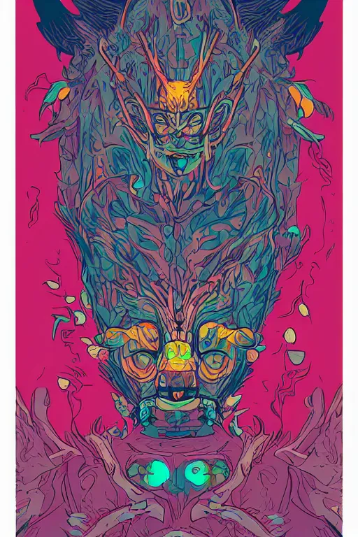 Image similar to animal mask totem roots flower tribal feather gemstone plant wood rock shaman vodoo video game vector cutout illustration vivid multicolor borderlands comics by josan gonzales and dan mumford radiating a glowing aura