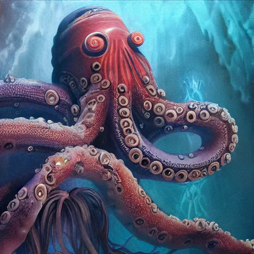 Image similar to tentacle-enabled underwater human descendant, futuristic painting, dagon, hd 8k