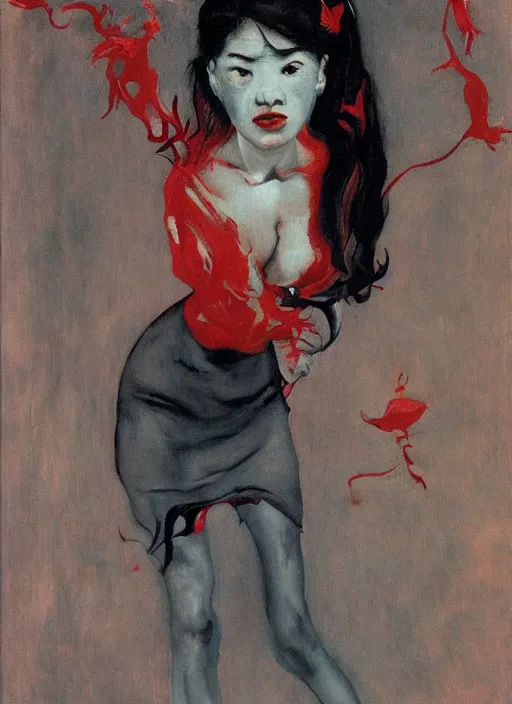 Image similar to stunning asian college girl standing on her knees, frozen cold stare, scream, startled, blood red background, transparent gray skirts, stockings, crows swarming trapped in the void as a symbol of death, in style of surrealism of Francis Bacon painting, Ilya Kuvshinov, John Singer Sargant, impasto textures of Chaim Soutine and Frank Auerbach, American Gothic, Japanese Gothic, strange cinematic light