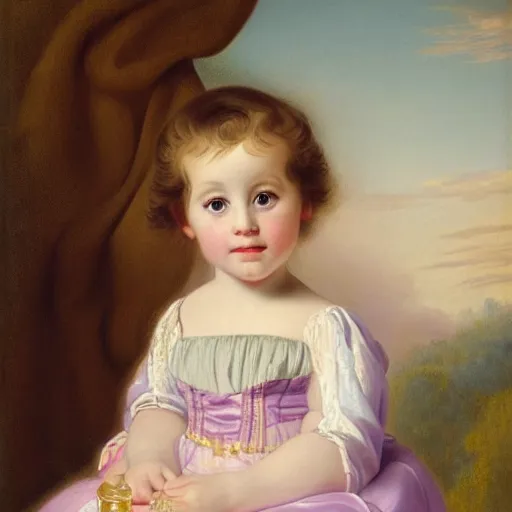 Image similar to portrait of a german toddler princess sitting down in a silk lavender gown, circa 1 8 3 7, by carl joseph begas, highly detailed, beautiful, oil on canvas, 1 8 3 0 s, romanticism