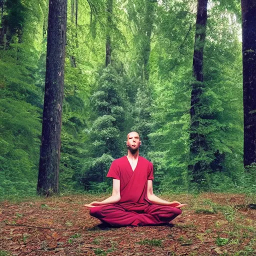 Image similar to meditator in the woods with tall trees, in style of Tomas Sanchez