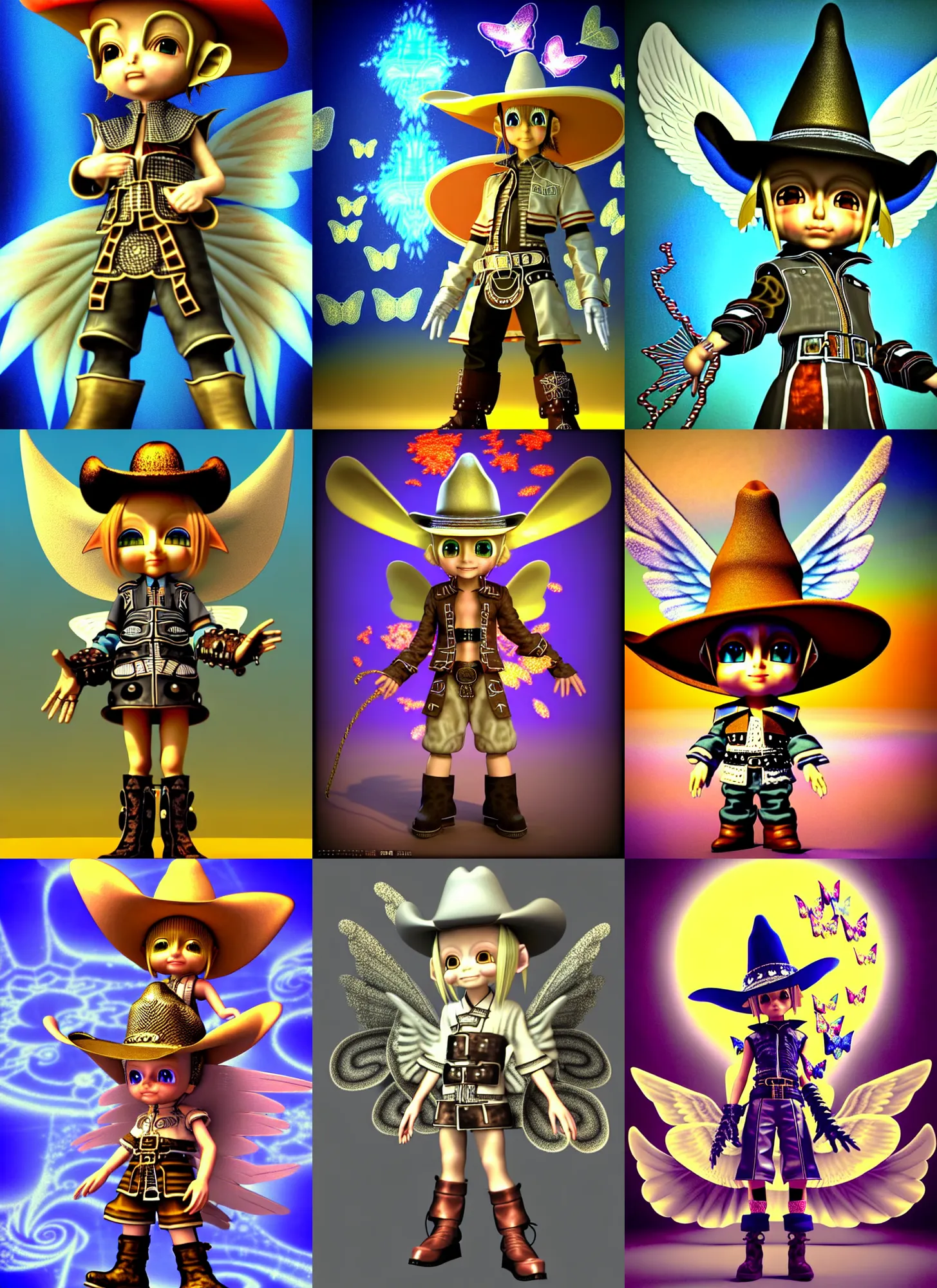 Prompt: vintage cgi 3 d render in the style of micha klein of chibi cyber wizard final fantasy ix by ichiro tanida wearing a big cowboy hat and wearing angel wings against a psychedelic swirly background with a castyle 3 d butterflies and 3 d flowers n the style of 1 9 9 0's cg graphics 3 d rendered y 2 k aesthetic by ichiro tanida, 3 do magazine