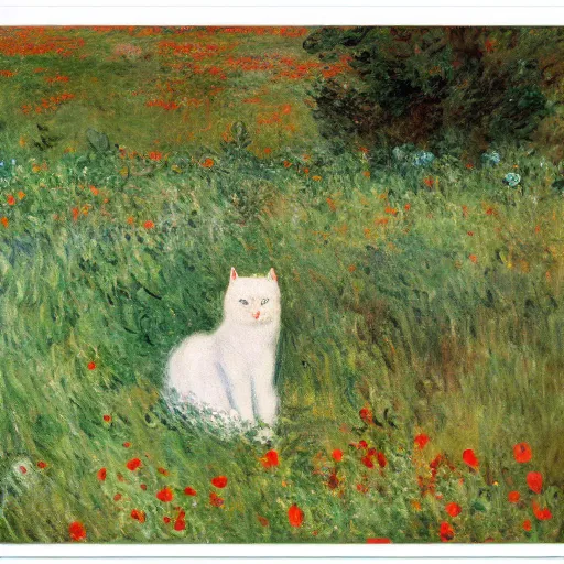 Prompt: manon, gregoire and a white cat with yellow eyes in a field of poppy, by monet