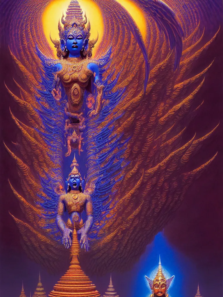 Prompt: a dmt blue and golden angel goddess hindu entity thai architecture, iridescent, tim hildebrandt, wayne barlowe, bruce pennington, donato giancola, trending on artstation, cinematic composition, beautiful lighting, hyper detailed, 8 k, oil on canvas