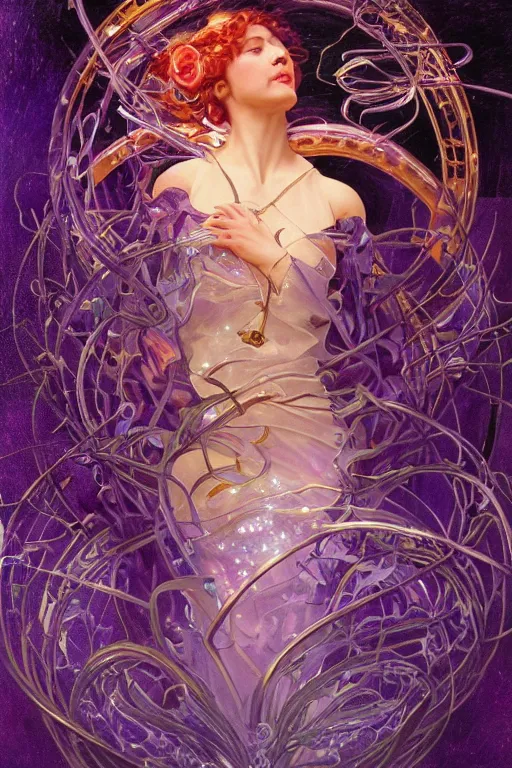 Prompt: she dreams of arcs of purple flame intertwined with glowing sparks, glinting particles of ice, dramatic lighting, steampunk, secret holographic cyphers, red flowers, bright neon solar flares, high contrast, smooth, sharp focus, art nouveau, painting by Caravaggio and Yoshitaka Amano and ruan jia and greg rutkowski and Alphonse Mucha