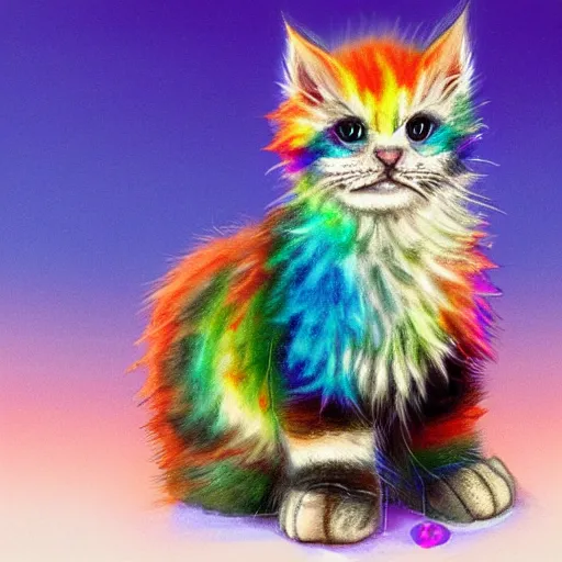 Image similar to wide angle full body, of a fluffy cute rainbow kitten wearing a black motorcycle jacket, concept art