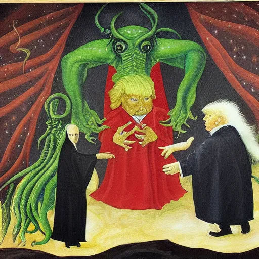 Image similar to a painting of cthulhu and donald trump meeting, in the style of hieronymus bosch