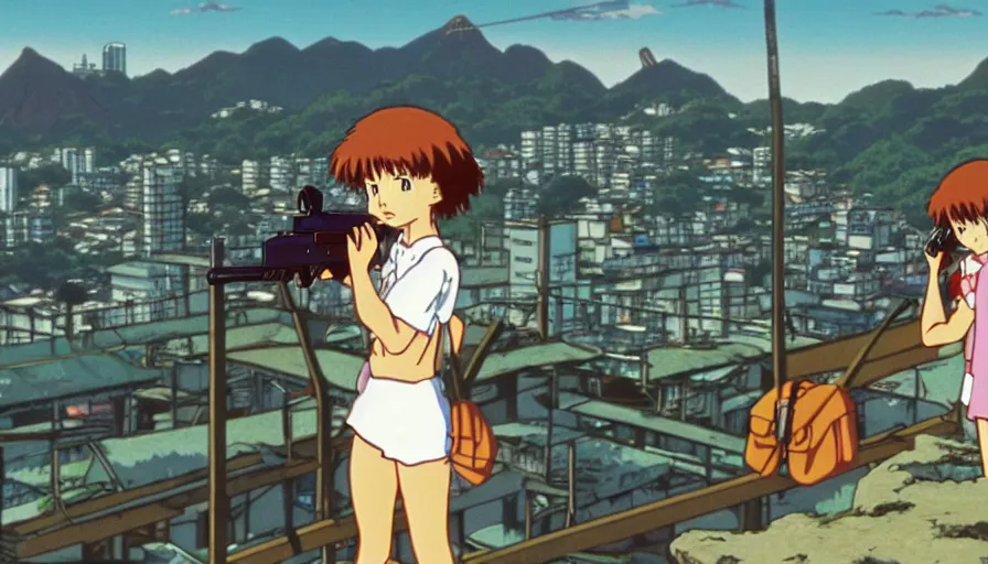 Image similar to 1 9 8 6 anime screencap of a girl with a gun on a rio de janeiro anime, by hayao miyazaki, studio ghibli, beautiful favela background extremely high quality artwork 4 k