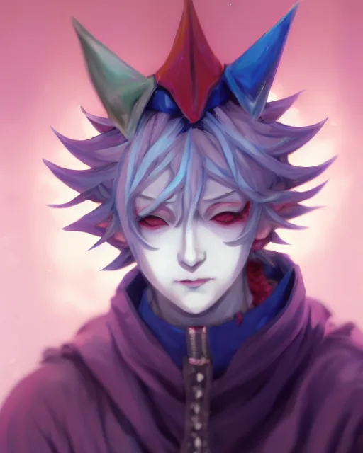 Image similar to extremely attractive soft feminine male as a jester anime character screenshot, nagito komaeda and hisoka jester, anime feminine male fool, intricate, sharp focus, illustration, highly detailed, digital painting, cell shaded, concept art, matte, art by ilya kuvshinov and kyoto animation and wlop, ruan jia, greg rutkowski, studio quality