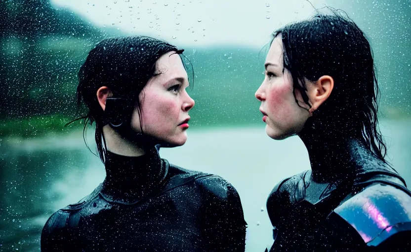 Image similar to cinestill 5 0 d candid action photographic portrait by quentin tarantino of two loving female androids wearing rugged black mesh techwear in treacherous waters, extreme closeup, modern cyberpunk retrofuturism moody emotional cinematic, pouring iridescent rain, 8 k, hd, high resolution, 3 5 mm, f / 3 2, motion blur, ultra realistic faces, ex machina