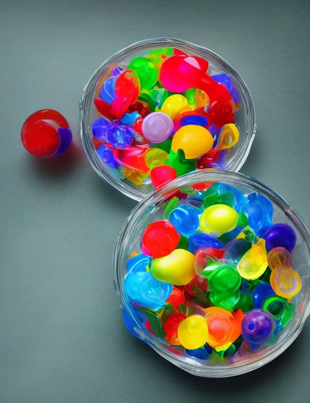 Prompt: a well - lit studio photograph of various plastic toys floating in a bowl of water, some smooth, some wrinkled, some long, various sizes, textures, and transparencies, beautiful, smooth, detailed, inticate