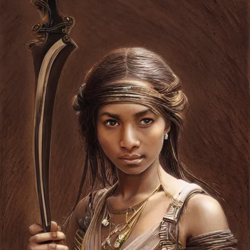 Image similar to artstation concept of a beautiful girl holding a sword in both hands, brown skin, sweaty skin, symmetrical face, casual white garment, brown canyon background, shiny colorful, hyperdetailed, artstation trending, world renowned artists, worth1000.com, historic artworks society, antique renewel, cgsociety, by greg rutkowski, by Gustave Dore, Deviantart