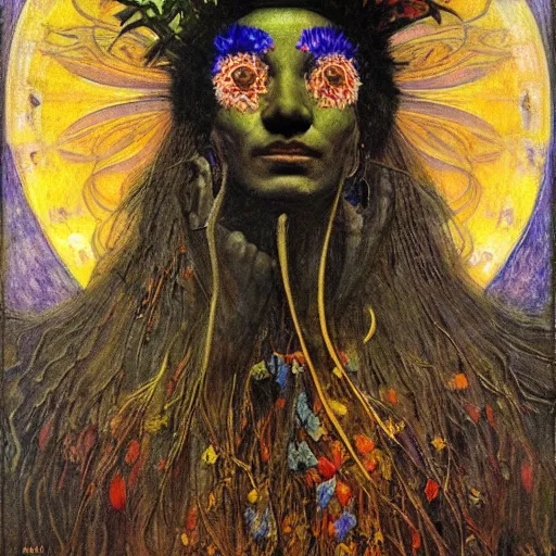 Image similar to masterpiece painting of a dark flower shaman, by annie swynnerton and jean delville and diego rivera, facemask made of flowers, art brut, outsider art, symbolist, dramatic lighting, god rays, elaborate geometric ornament, clean crisp graphics, smooth sharp focus, extremely detailed, adolf wolfli