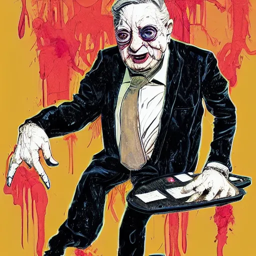 Image similar to George Soros full body shot, dollar bills Body horror, biopunk, by Ralph Steadman, Francis Bacon, Hunter S Thompson