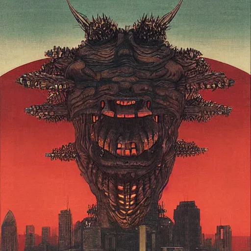 Prompt: A beautiful digital art of a large, monster looming over a cityscape. The monster has several eyes and mouths, and its body is covered in spikes. It seems to be coming towards the viewer, who is looking up at it in fear. Ukiyo e by Odd Nerdrum tranquil