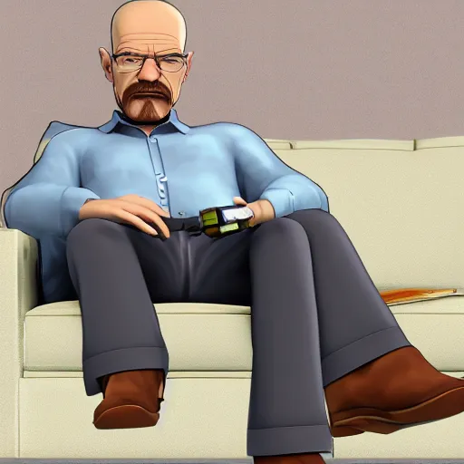 Image similar to Walter White sitting on a couch holding a Nintendo 64 controller, 8k