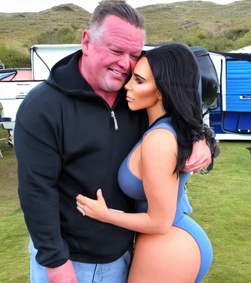 Prompt: Irish Joe Joyce hugging kim kardashian at a caravan site