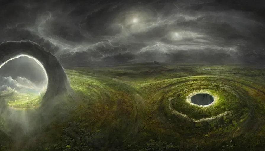 Image similar to photorealistic, the circular hollow earth fantastical landscape with the dreaming god in the middle of it, by anton semenov, trending on artstation, 4 k hd, gigapixel, fantasy art, sharpness applied, hyperrealism, low light, dark rainbow