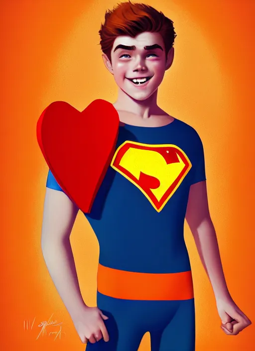 Image similar to friendly teenage archie andrews wearing an orange superhero costume with heart logo, freckles, pureheart the powerful, heart emblem on chest, blue cape, intricate, elegant, glowing lights, highly detailed, digital painting, artstation, sharp focus, illustration, art by wlop, mars ravelo and greg rutkowski