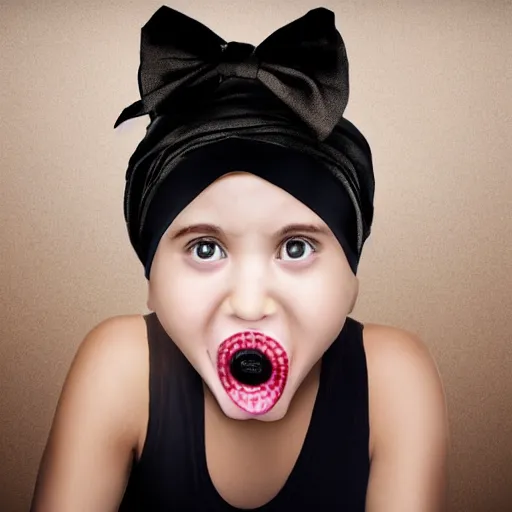 Image similar to beautiful Girl with a bandana, big mouth, big eyes, short black hair, close up