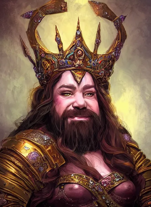 Image similar to dwarven queen wearing a crown, ultra detailed fantasy, dndbeyond, bright, colourful, realistic, dnd character portrait, full body, pathfinder, pinterest, art by ralph horsley, dnd, rpg, lotr game design fanart by concept art, behance hd, artstation, deviantart, hdr render in unreal engine 5