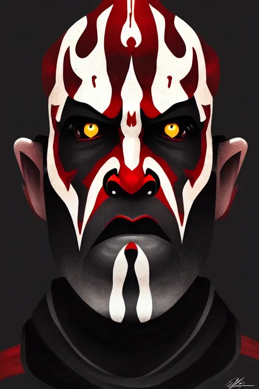 Prompt: a portrait of the darth maul from star wars, short beard, grim - lighting, high - contrast, intricate, elegant, highly detailed, digital painting, artstation, concept art, smooth, sharp focus, illustration