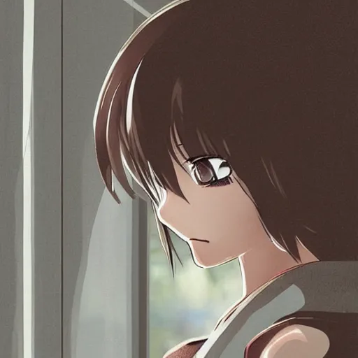 Image similar to girl sitting nearby a windowing, rainy outside, detailed, very anime, very fine face, strong lighting, by great artists.