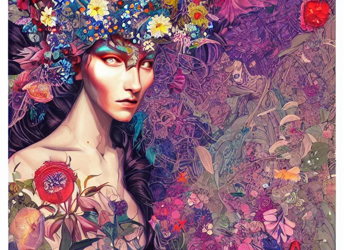 Image similar to a painting of a beautiful cyborg girl with a lot of flowers, blueberries and exotic plants on its head, poster art by android jones, behance contest winner, generative line art, made of flowers, grotesque, concert poster