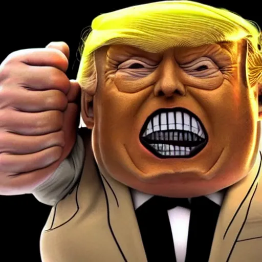 Image similar to donald trump's head as modok, the mental organism designed only for killing, little man in hovering throne, full body, psychic alien with huge head, marvel supervillain character