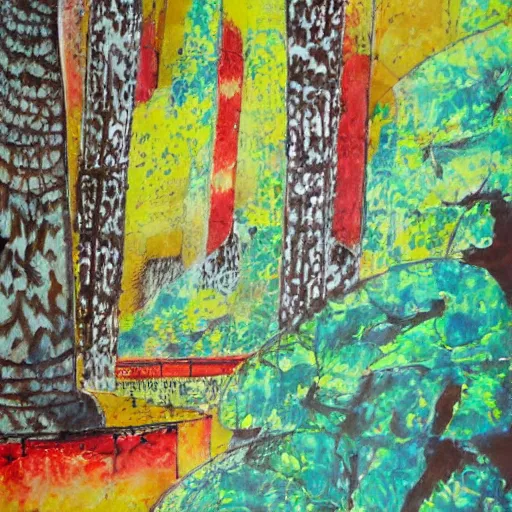 Image similar to abstract expressionest detail gateway painting in a forest leading to a restaurant from an unknown culture, pure ink on xuan paper, vivid oil painting detail (2045) painted by Miruata Jenshi