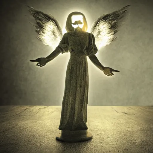 Image similar to angel of death offering a hand in the dark with sympathetic smile high quality, realistic, tilt shift