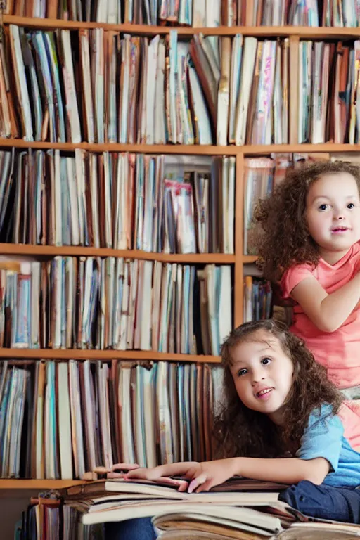 Prompt: a little girl with wavy curly light brown hair sits on a tall pile of books.