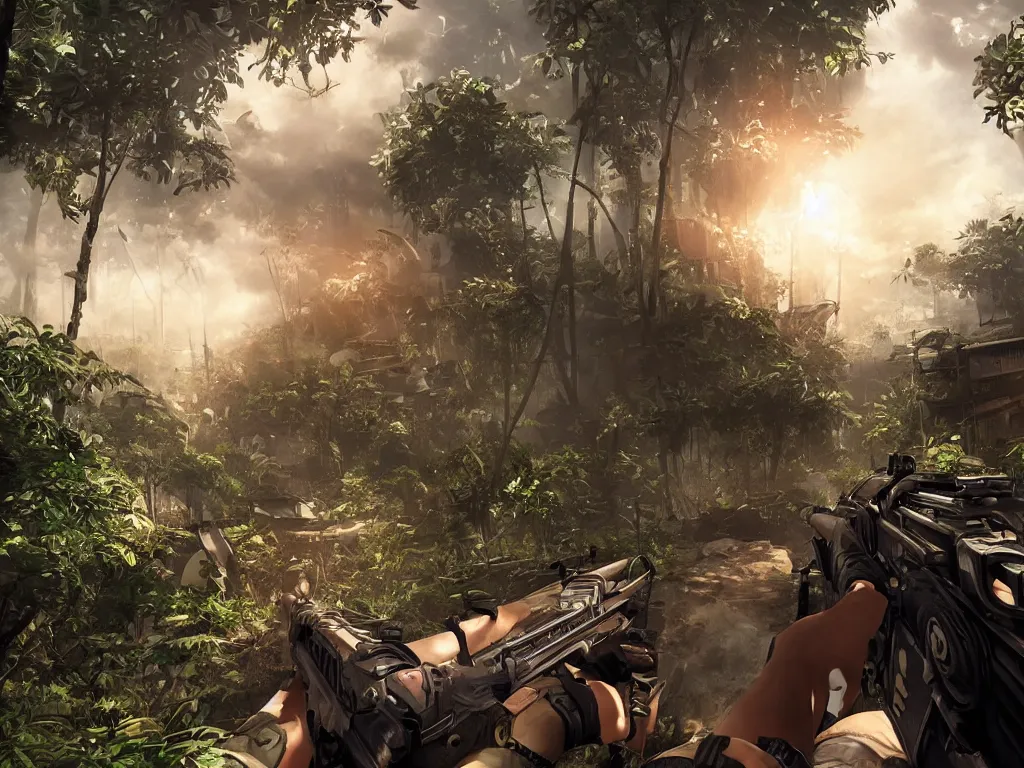 Prompt: |a first person shooter| set in the jungle with |lots of videogame action|, |steampunk ships|, morning lighting, wide angle, anime style