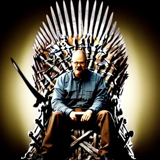 Image similar to “Very photorealistic photo of Walter White sitting on the Iron Throne from Game of Thrones, award-winning details”