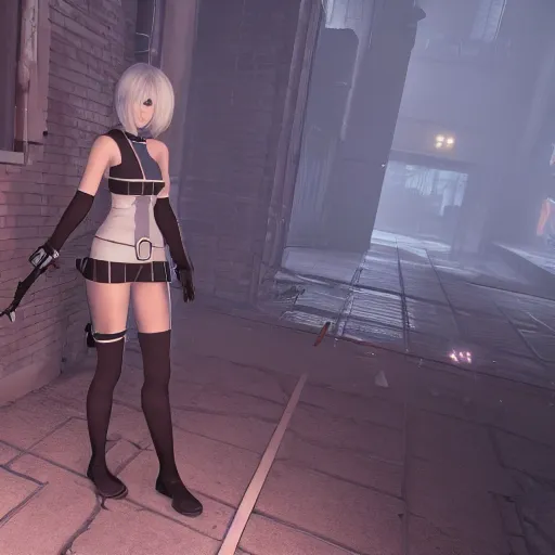 Image similar to 2B nier automata in Half life 2, 4k screenshot of Half life 2 gameplay, 8k hdr showcase