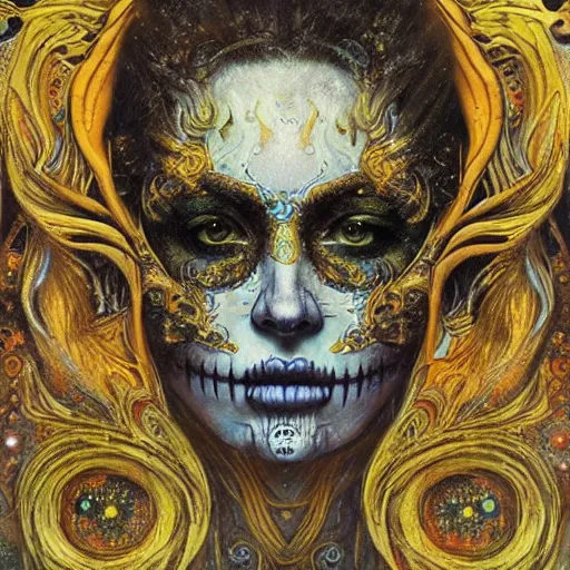 Image similar to Memento Mori by Karol Bak, Jean Deville, Gustav Klimt, and Vincent Van Gogh, beautiful visionary mystical portrait, calavera, otherworldly, fractal structures, ornate gilded medieval icon, third eye, spirals, sugar skull by Van Gogh