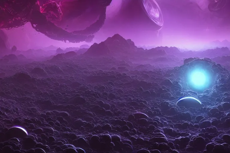 Prompt: A view from space of an Eldritch Organic Planet of The Void made of eyeballs and tentacles, Purple and Blue colored, 4k, masterpiece, cinematic, glowing, by Greg Rutkowski, Trending on Artstation, Behance. Polished, Volumetric Lighting