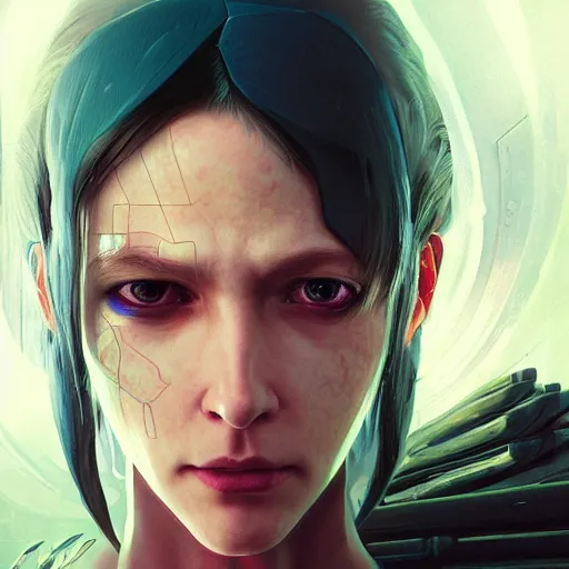 Image similar to a expressive portrait photograph of cyberpunk woman in dramatic lighting, depth of field background, artstation, award - winning realistic sci - fi concept art by jim burns and greg rutkowski, a realism masterpiece, expressive color palette, james gilleard, bruegel, alphonse mucha, and yoshitaka amano