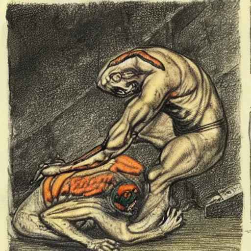 Image similar to a muscular frog man suplexing a toad man in a wrestling ring, detailed, artist arthur rackham, pastel colors