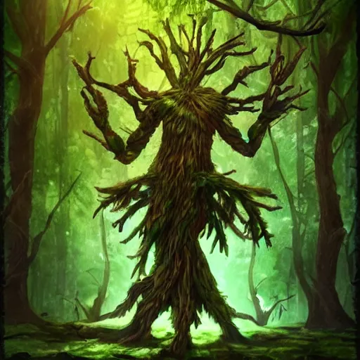 Image similar to green old treant, treant made of leaves and roots, old tree, old humanoid ents, epic fantasy style, green theme, forest background, hearthstone artwork