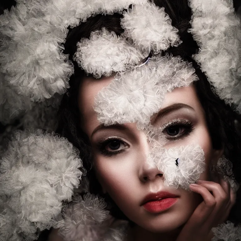 Image similar to hight focus of a wonderful realistic focused sweet wonderful symmetrical mid portrait of a lonely very beautiful lady, with a cotton dress ornate by a realistic black plumes, image in center, dramatic light, octane render - 8 k