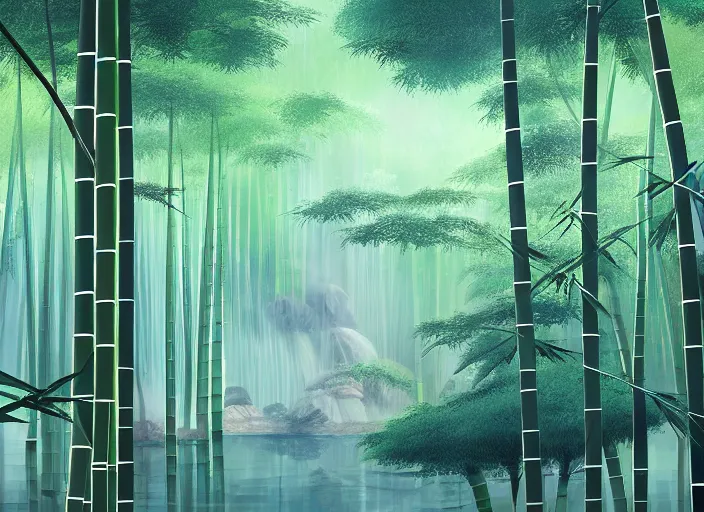 Prompt: misty japanese bamboo forest, lake, waterfall!!!!!, large mountain, rule of thirds, sunny, cartoony, stylized anime, sun rays, soft, by hayao miyazaki, ghibli studio, makoto shinkai, toei animation, studio trigger, trending on artstation, 4 k, hd