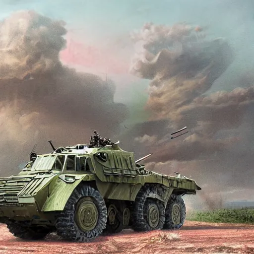 Prompt: Very very very very highly detailed Watermelon military vehicle with epic weapons, on a battlefield in russian city as background. Less Watermelon a lot more military vehicle, Photorealistic Concept 3D digital art in style of Caspar David Friedrich, super rendered in Octane Render, epic dimensional light