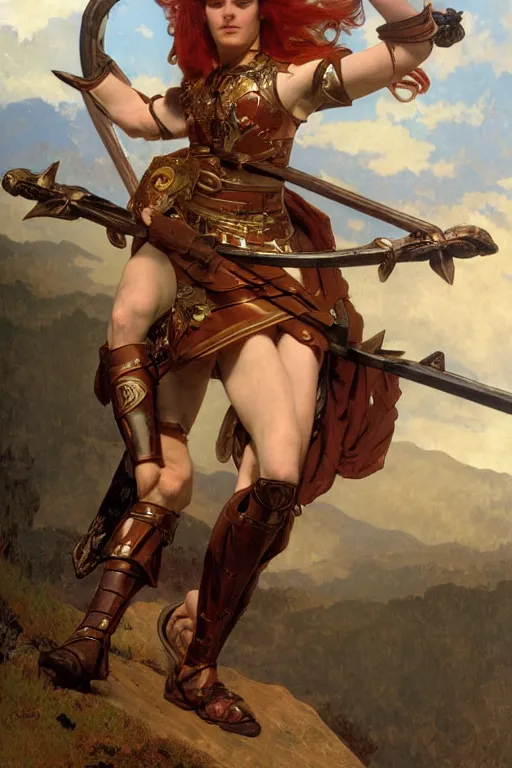 Image similar to full - body matte portrait of a legion of red haired lesbian valkyries in a heroic pose and wearing thick bronze plate armor at the top of a mountain holding a spear made of lightning, art by albert bierstadt, alphonse mucha, andreas rocha, greg rutkowski, sharp edges. ultra clear detailed. 8 k. elegant. octane render