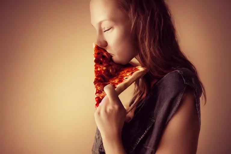 Image similar to A dark, brooding young woman eating a delicious pizza, studio portrait, dramatic lighting, trending on artstation